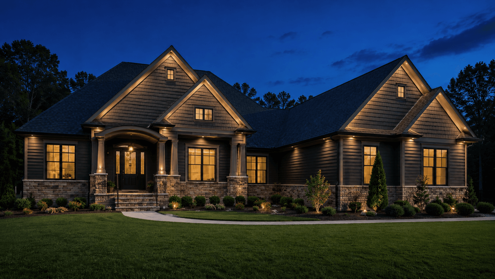 Home with exterior lighting at night