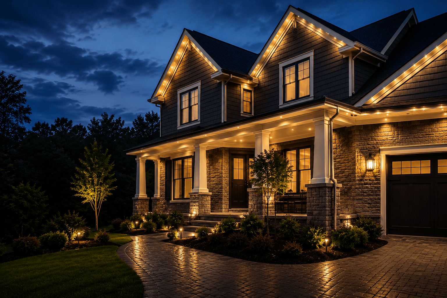 Home with exterior lighting at night